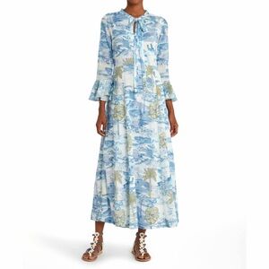 Emporio Sirenuse Tracey Vesuvius Caftan Maxi Dress Blue Volcano Floral Print M L